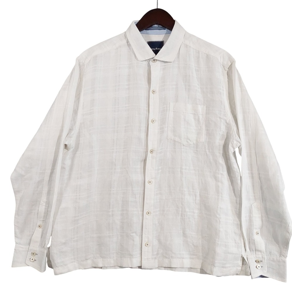 Tommy Bahama Button Up Shirt Mens Large White Linen Tonal Plaid Long Sleeve